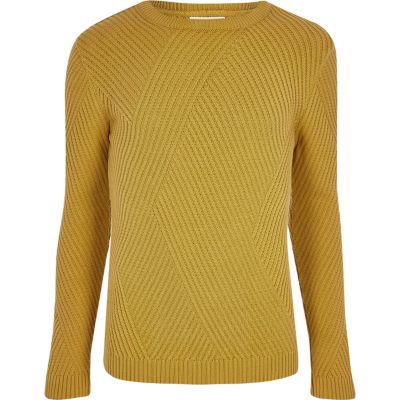 Mustard yellow ribbed panel slim fit jumper